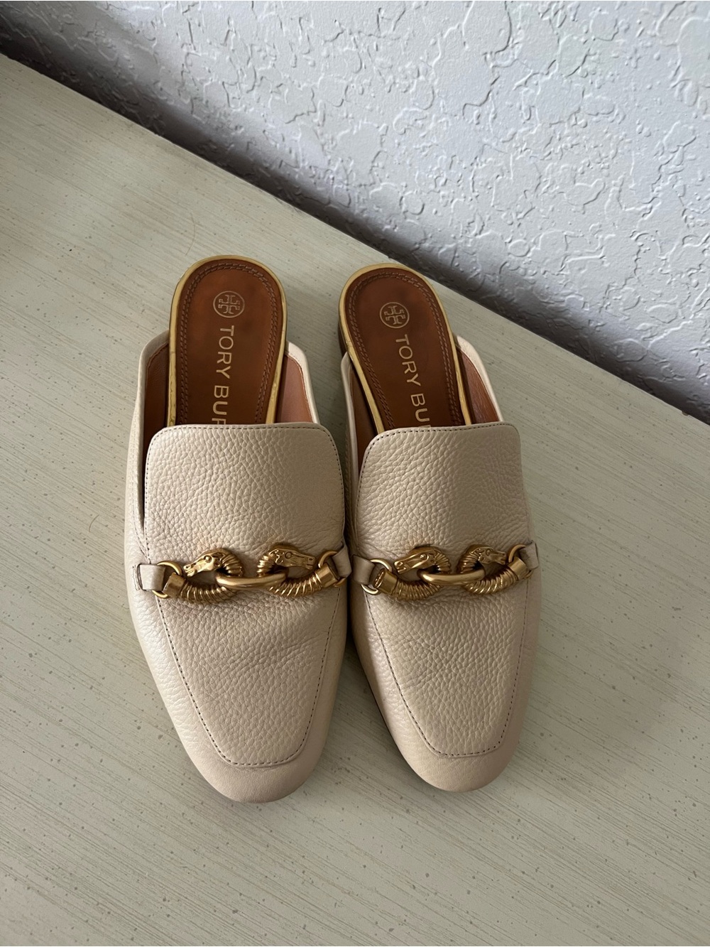 Tory Burch Ivory Leather Chain-Trim Mule
